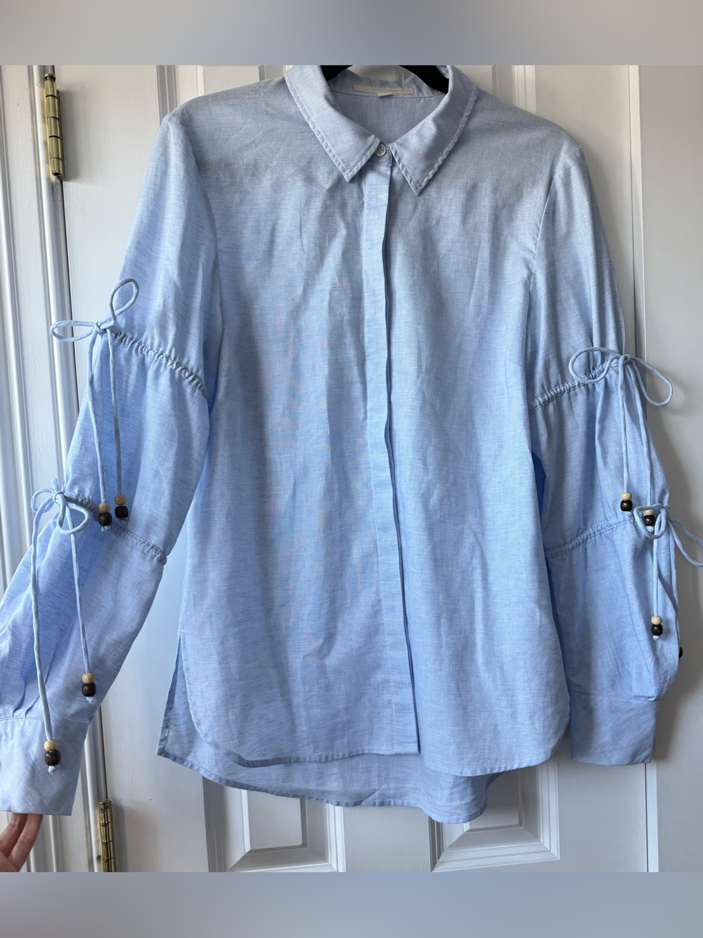 Jonathan Simkhai Light Blue Button-Front Cotton Blouse with Tie-Sleeves